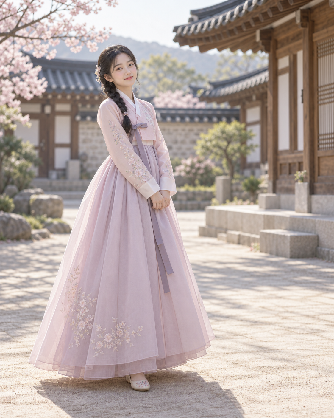 연분홍과 라일락 한복을 입고 한옥 마당에 선 루미나 한복 모델