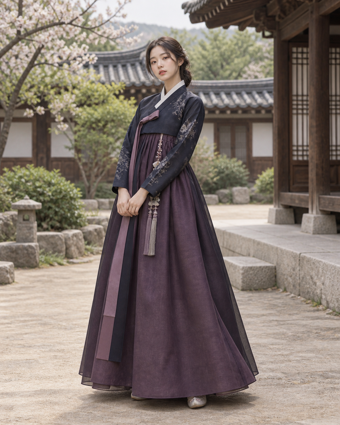 짙은 남색 한복을 입은 루미나 한복 모델